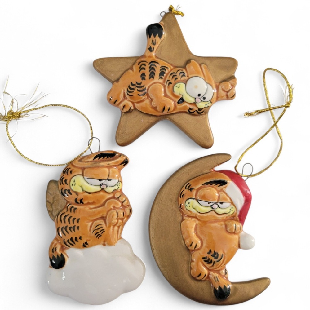 Vintage Enesco Garfield Ceramic Christmas Ornaments Set of 3 Flat 1981
